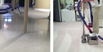 Professional carpet cleaning in action, showing flooded carpet areas and a technician using specialized equipment.